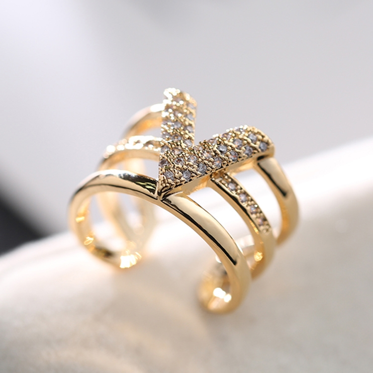 Xin Ai-0153L European and American diamond-encrusting open design ring hipster student personality network red V-shaped ring temperament joint ring