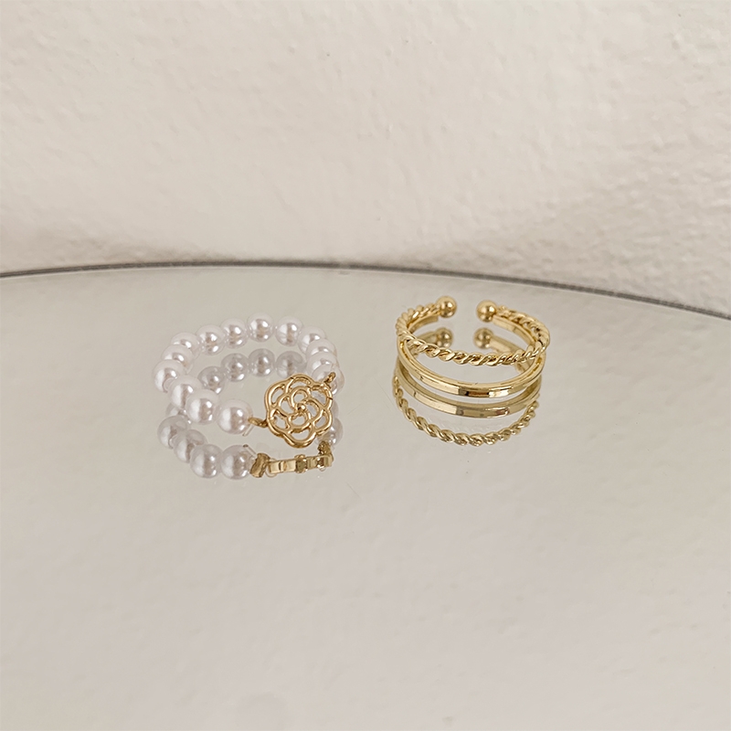 Two stacked pearl camellia ring sets, a simple forest-themed niche design for women's light luxury, stylish and versatile Item Picture