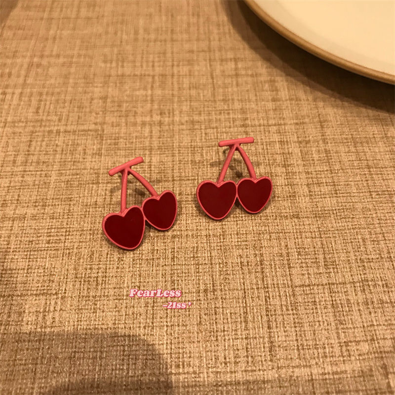 Korean niche double heart-shaped design stud earrings, pink girl summer sweet cherry earrings and earrings 2021 new trend details Picture