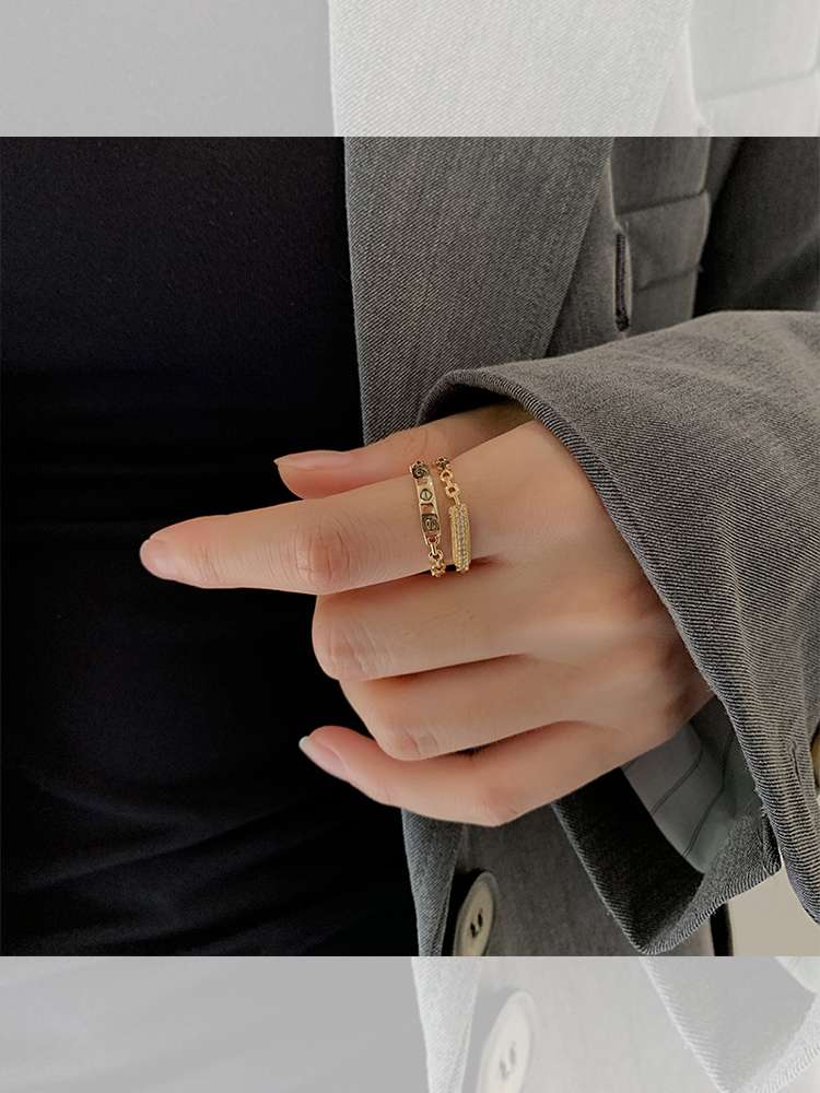 Double-layer light luxury high-end ring, women's opening personality, Instagram trendy joint ring, tail ring, internet-famous fashionable food ring Specification image
