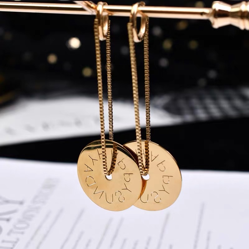 Letter round plate ear buckle long earrings, women's niche English round titanium steel details Picture