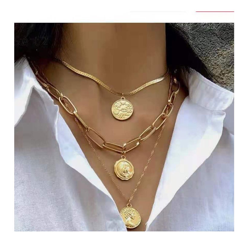 小依语波西米亚风复古合金圆形硬币吊坠项链  欧美创意个性项饰 