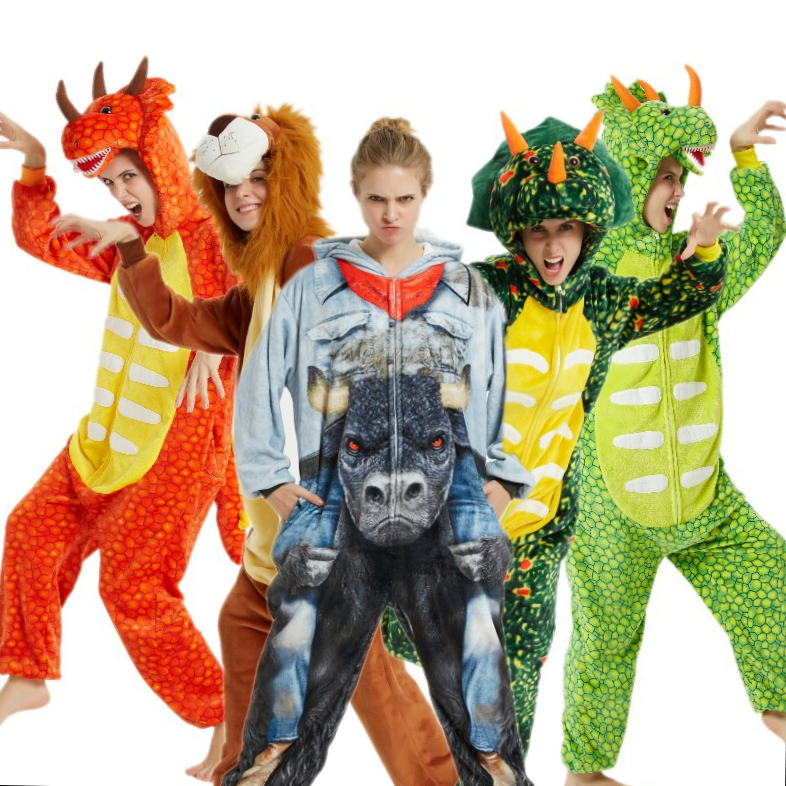 Triceratops animal one-piece pajamas for export, flannel cartoon animal parent-child style, thickened coral fleece for men and women, long-sleeved toilet version home wear