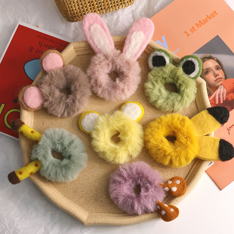 韩国网红发圈ins风少女毛绒头绳 可爱兔耳皮筋女扎头卡通简约发绳