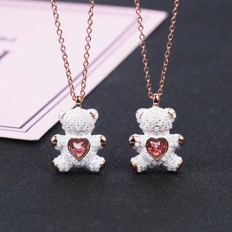 Swaro Beating Heart Cute Bear Smart teddy Bear necklace full of diamond bright crystal elements collarbone chain