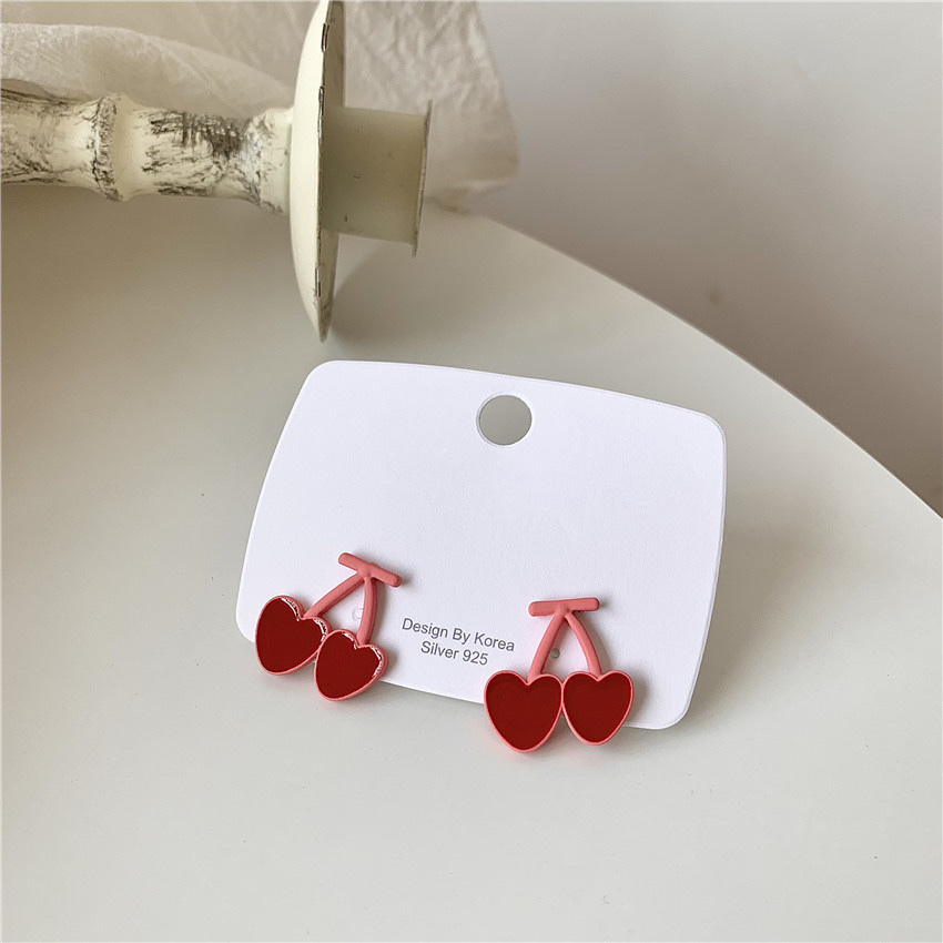 Pink heart-shaped cherry earrings S925, silver needle, fresh and sweet, simple and individual stud earrings, cute and energetic for girls Specification image