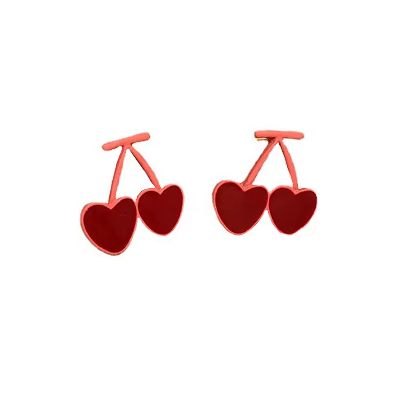 Pink heart-shaped cherry earrings S925, silver needle, fresh and sweet, simple and individual stud earrings, cute and energetic for girls detail image 5