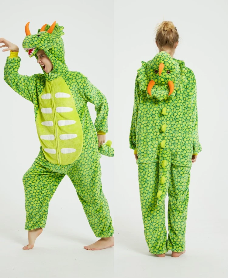 Triceratops animal one-piece pajamas for export, flannel cartoon animal parent-child style, thickened coral fleece for men and women, long-sleeved toilet version home wear detail image 13