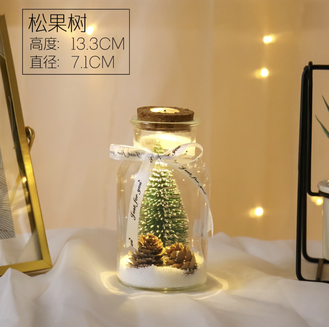 圣诞松果仿真迷你圣诞树雪花微景观玻璃摆件LED礼品许愿瓶 细节图