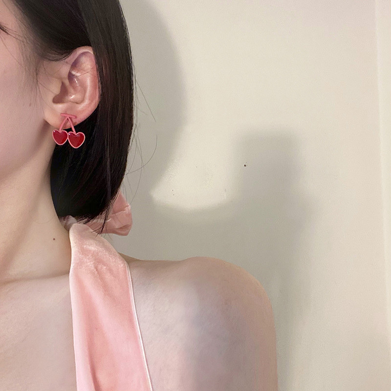 Pink heart-shaped cherry earrings S925, silver needle, fresh and sweet, simple and individual stud earrings, cute and energetic for girls detail image 4