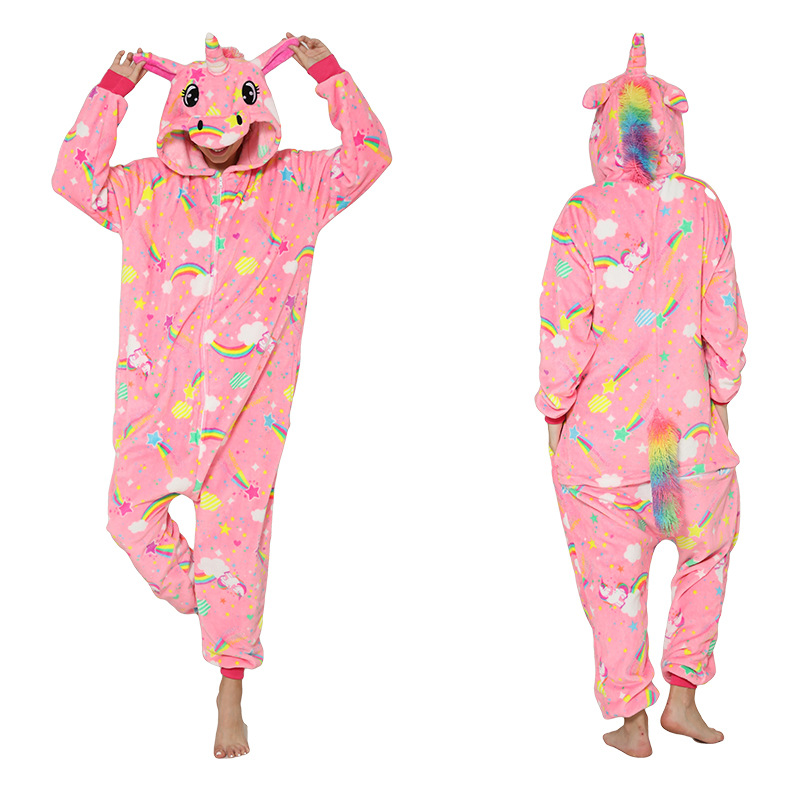 One-piece pajamas for export, flannel cartoon animal parent-child style, thickened coral fleece for couples, long-sleeved toilet version with fluorescent detail image 14