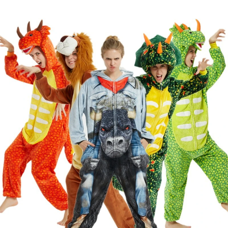 Triceratops animal one-piece pajamas for export, flannel cartoon animal parent-child style, thickened coral fleece for men and women, long-sleeved toilet version home wear detail image 1