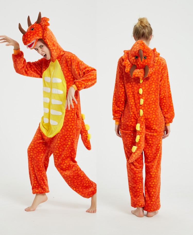 Triceratops animal one-piece pajamas for export, flannel cartoon animal parent-child style, thickened coral fleece for men and women, long-sleeved toilet version home wear Specification image