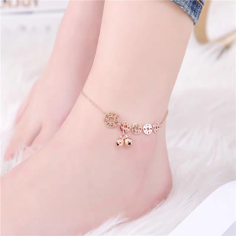 铜钱脚链子女款性感铃铛古风钛钢