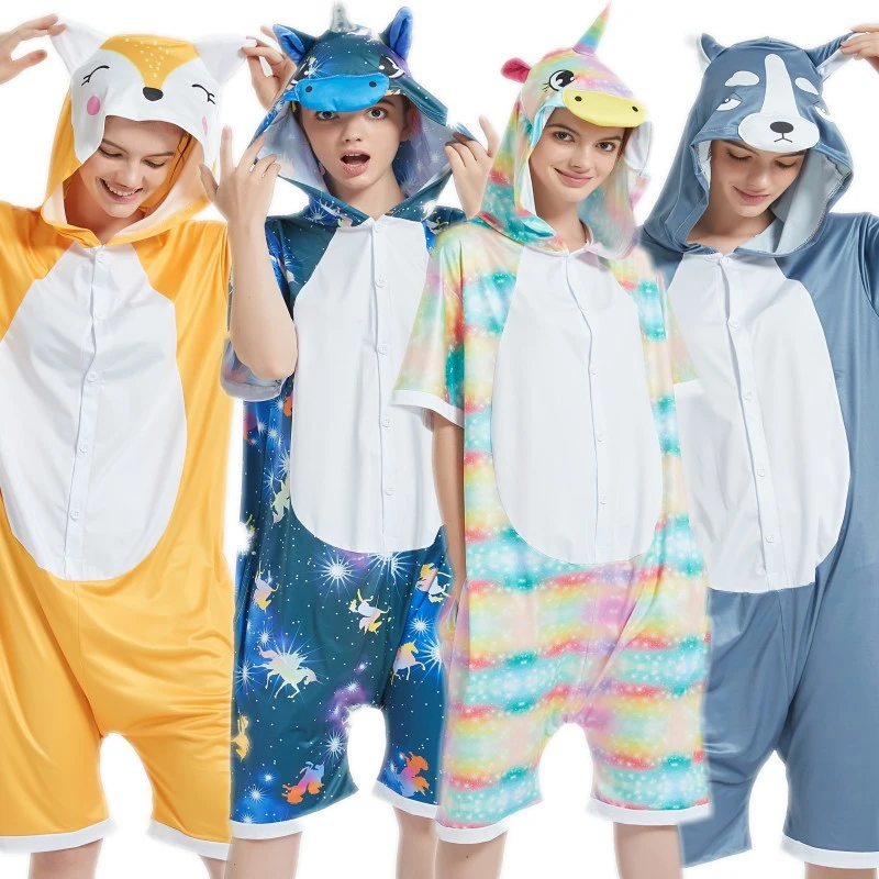 Summer short-sleeved animal one-piece pajamas for export, milk silk cartoon animal parent-child style, couple toilet version home wear for men and women detail image 1