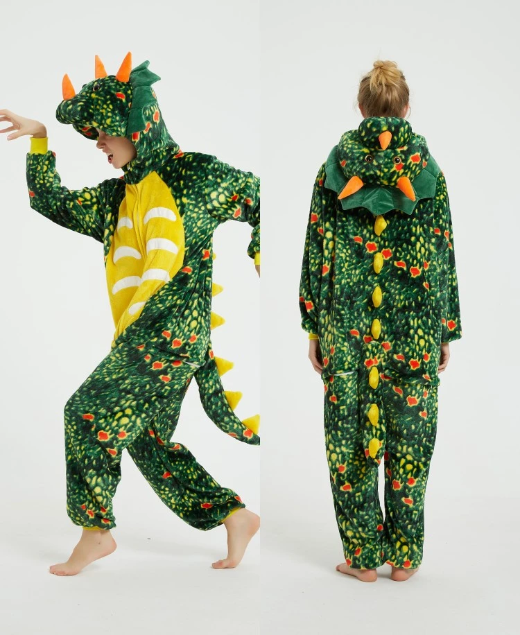 Triceratops animal one-piece pajamas for export, flannel cartoon animal parent-child style, thickened coral fleece for men and women, long-sleeved toilet version home wear detail image 17