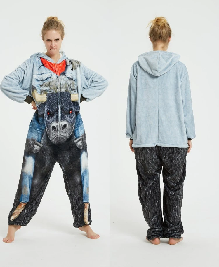 Triceratops animal one-piece pajamas for export, flannel cartoon animal parent-child style, thickened coral fleece for men and women, long-sleeved toilet version home wear detail image 8
