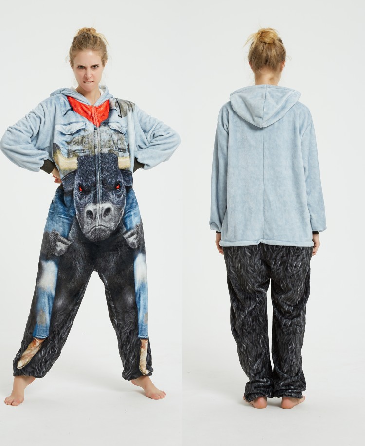 Triceratops animal one-piece pajamas for export, flannel cartoon animal parent-child style, thickened coral fleece for men and women, long-sleeved toilet version home wear details Picture