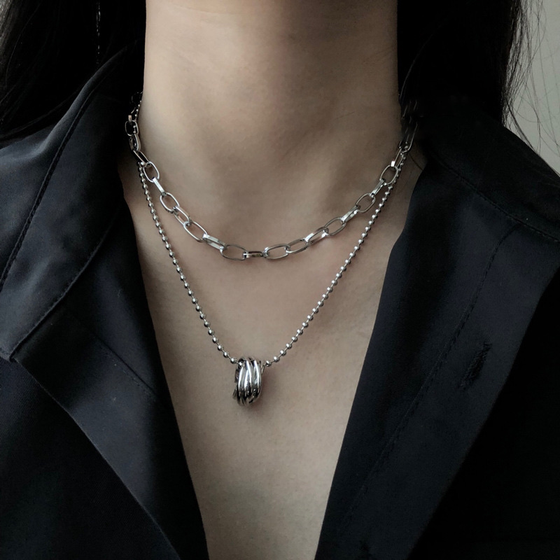 Korean InS-style multi-layer ring-shaped titanium steel necklace, cold and sexy collarbone chain, neckchain, hip-hop necklace details Picture