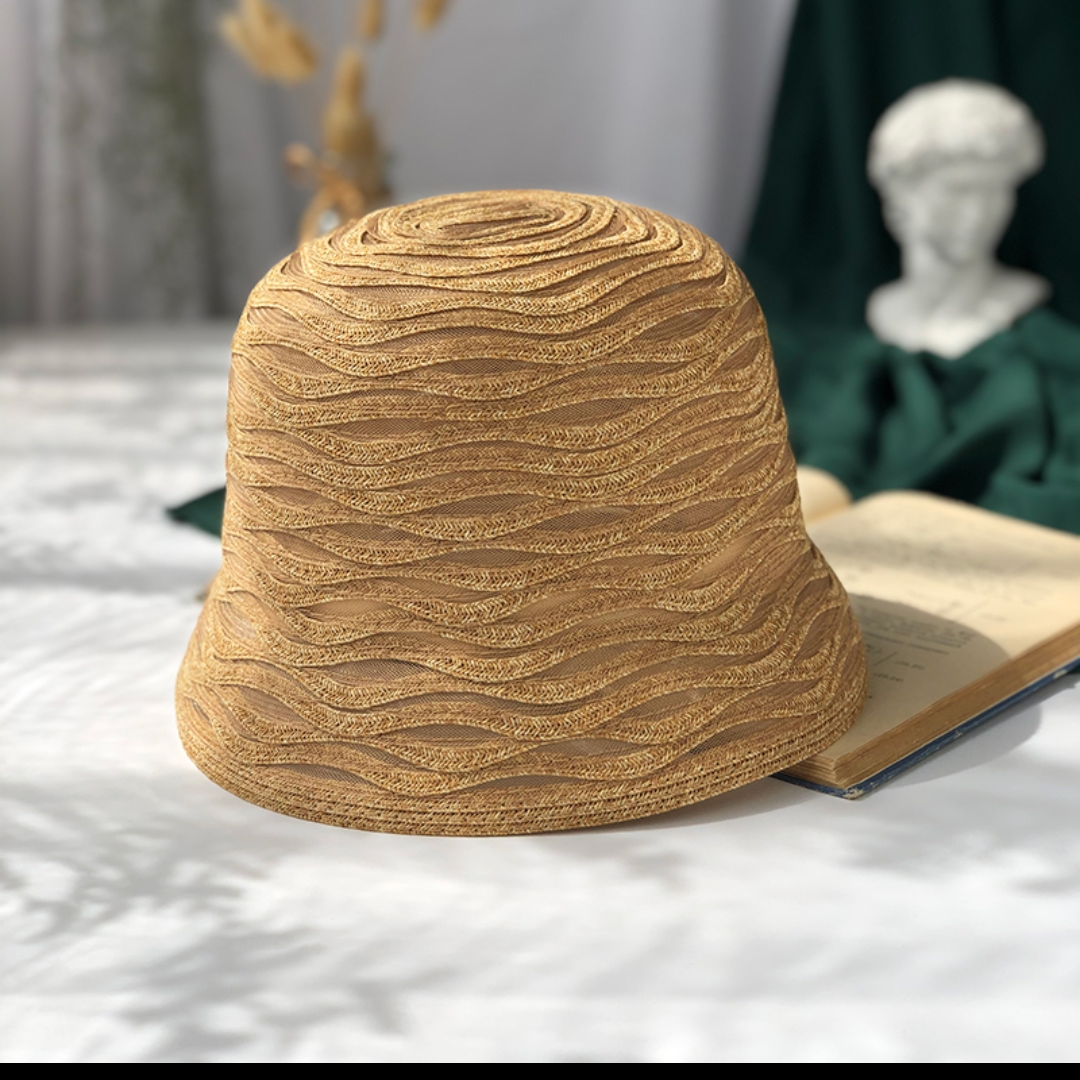 Straw net patchwork bucket straw hat for women Summer thin fisherman sunshade hat small brim bowler hat for women England 73