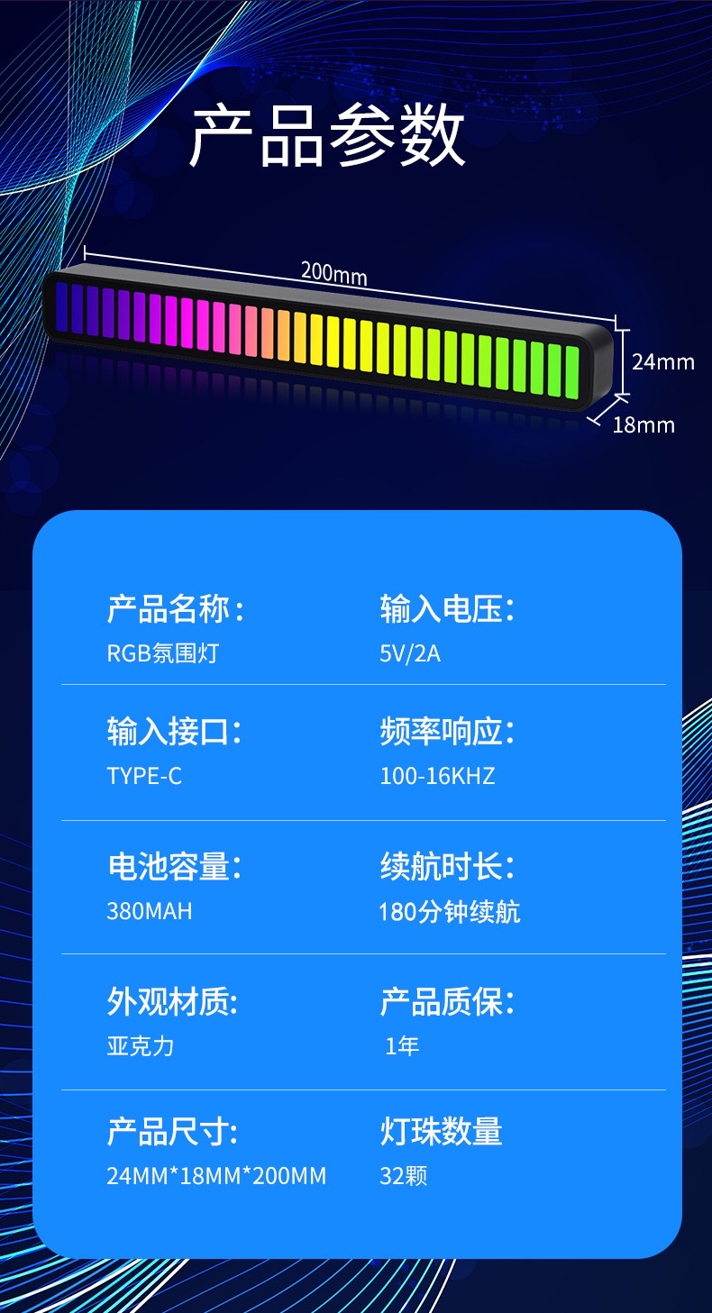 RGB拾音氛围灯车内改装桌面音频谱声控音乐节奏灯汽车载LED气氛灯详情图19
