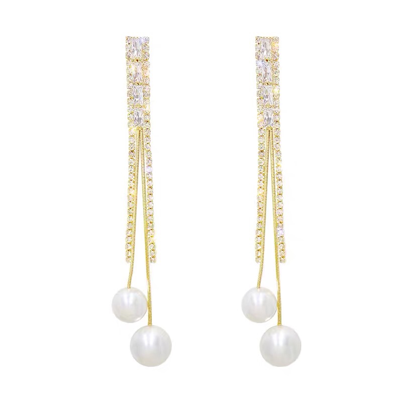新款个性原创设计水钻流苏搭配古典珍珠气质款耳环耳饰