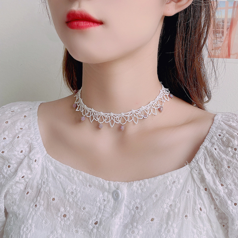 FLY1131 retro ethnic style embroidered lace necklace, trendy and fresh for women, ins super fairy-like flower collarbone chain choker necklace pic 5
