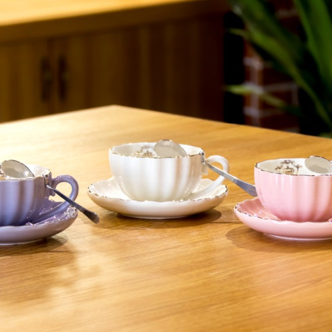 甜蜜系列水杯咖啡杯情侣杯家用休闲吧杯口真金配碟配勺