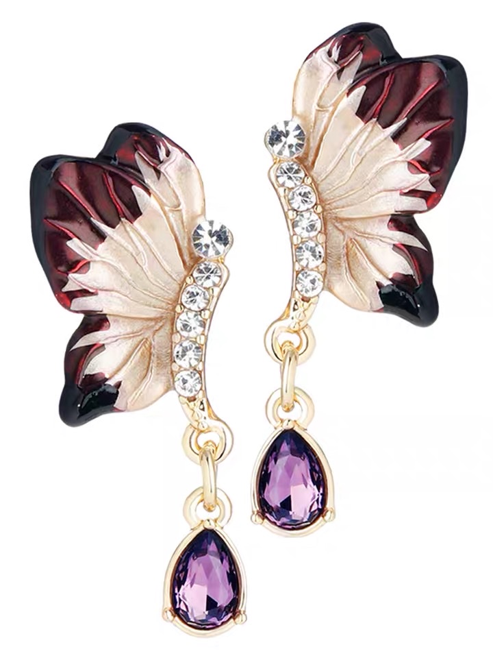 Butterfly water drop earrings, Star shell long earrings, retro, exquisite, high-end and elegant zirconium-inlaid earrings -026 Jia Liang Accessories details Picture