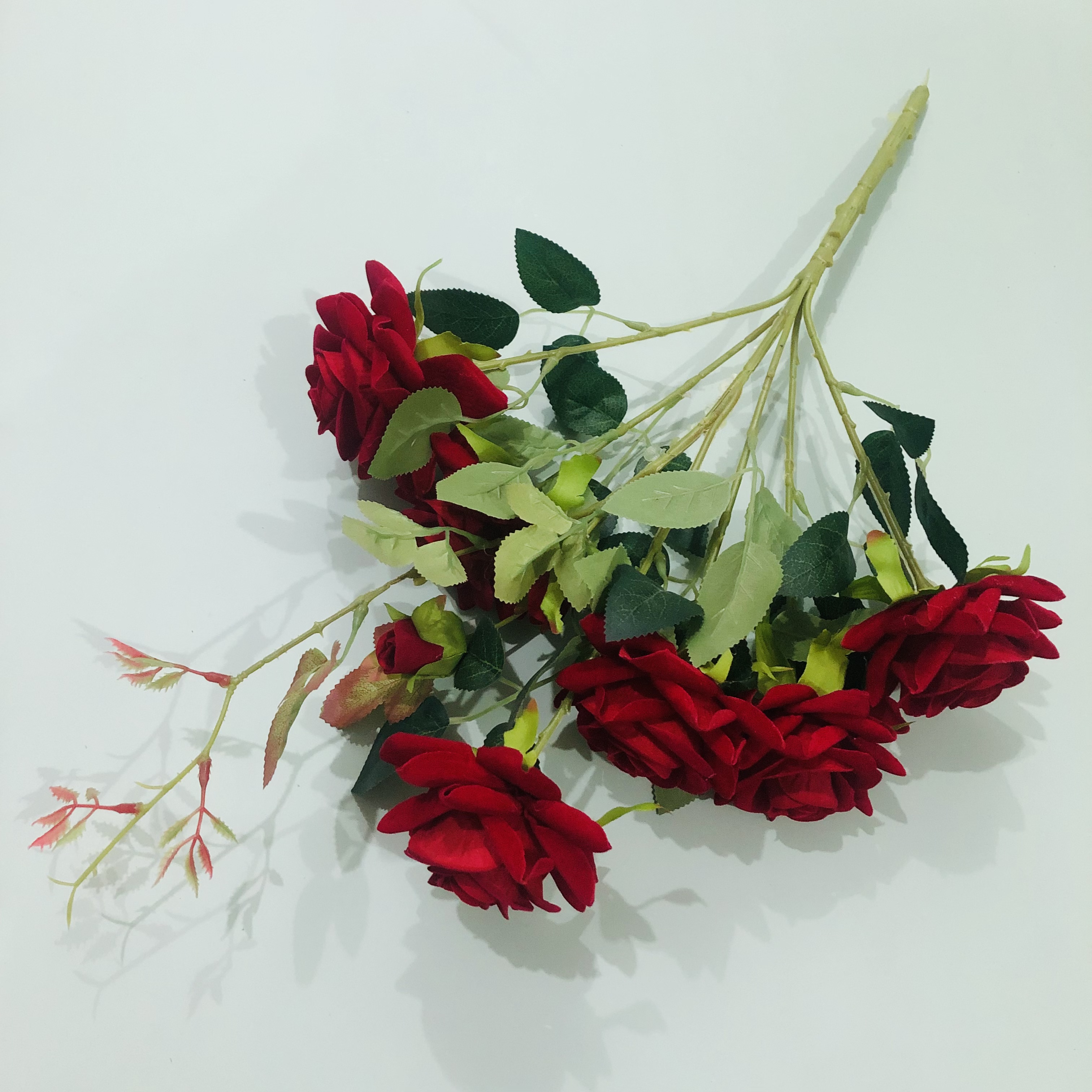 外贸热销款酒店装饰仿真玫瑰花婚庆布艺插花中式婚礼新娘手捧花绒布6头把束宝石玫详情6