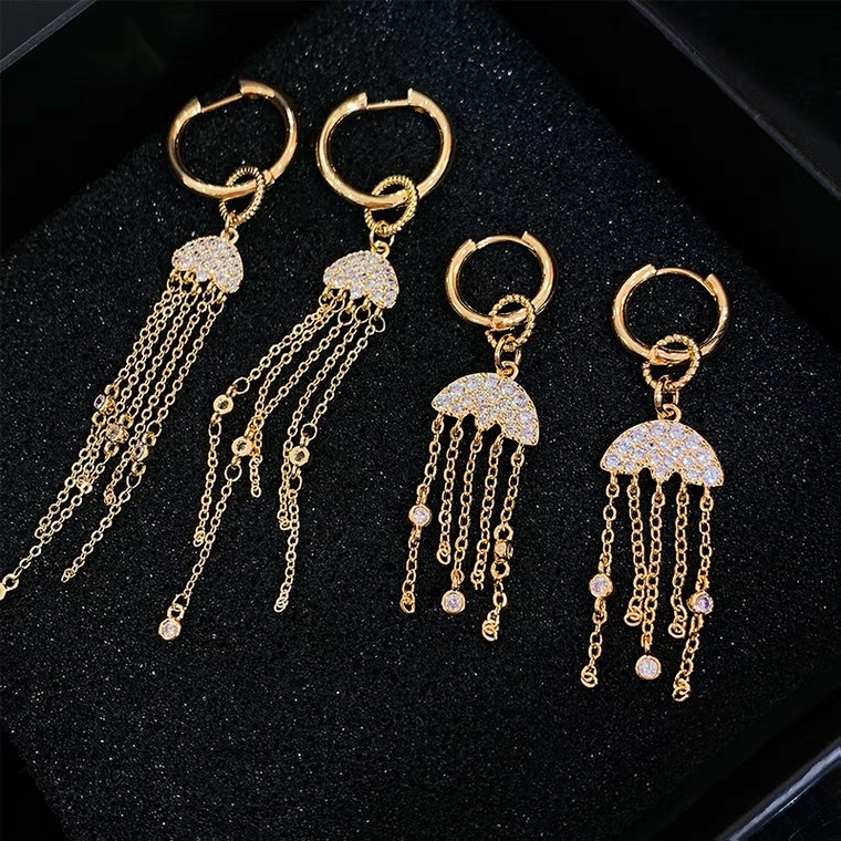 Semi-circular chain earrings with ear buckles, long star shell earrings, retro, exquisite, high-end and elegant zirconium-inlaid earrings -016 Jia Liang Accessories details Picture