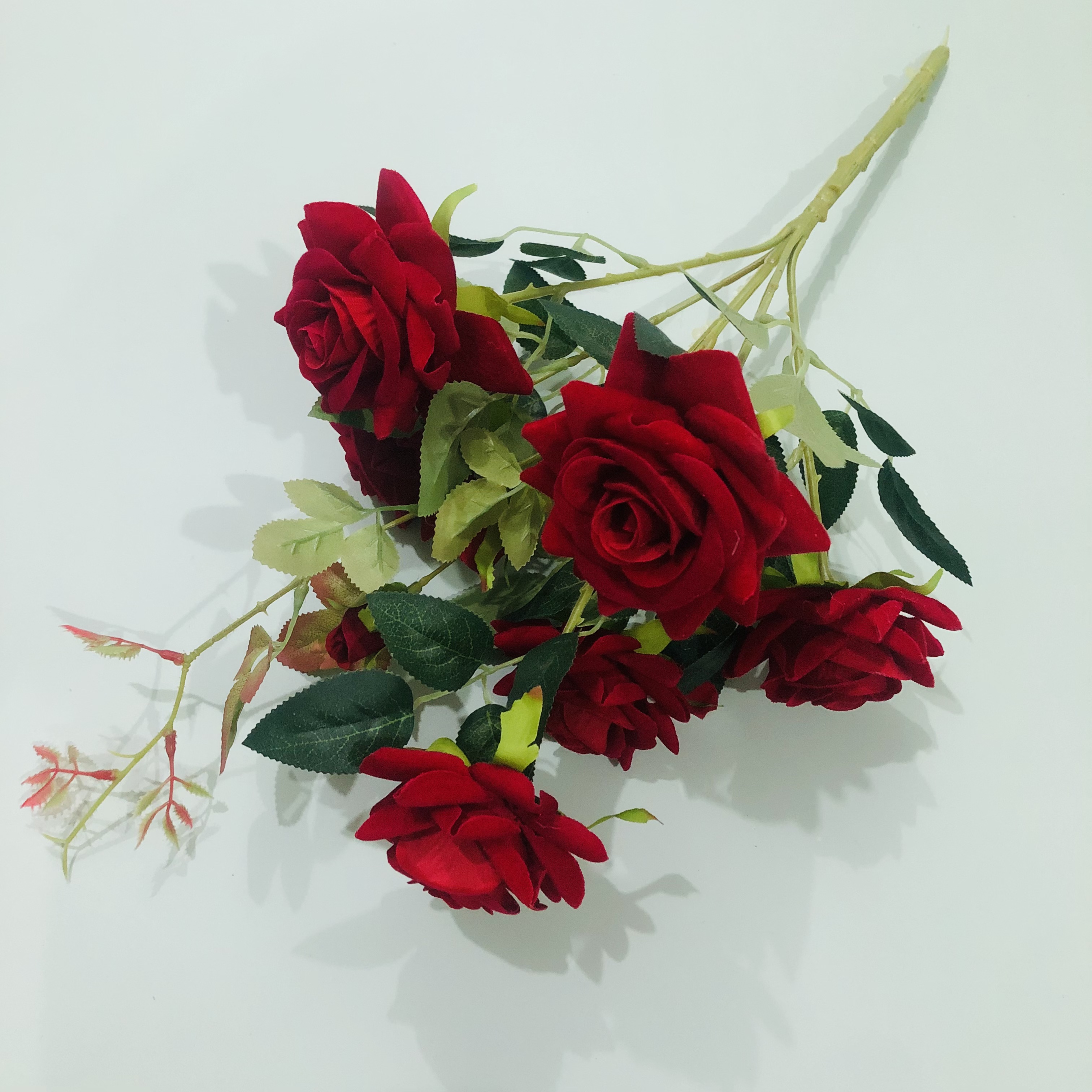 外贸热销款酒店装饰仿真玫瑰花婚庆布艺插花中式婚礼新娘手捧花绒布6头把束宝石玫详情1