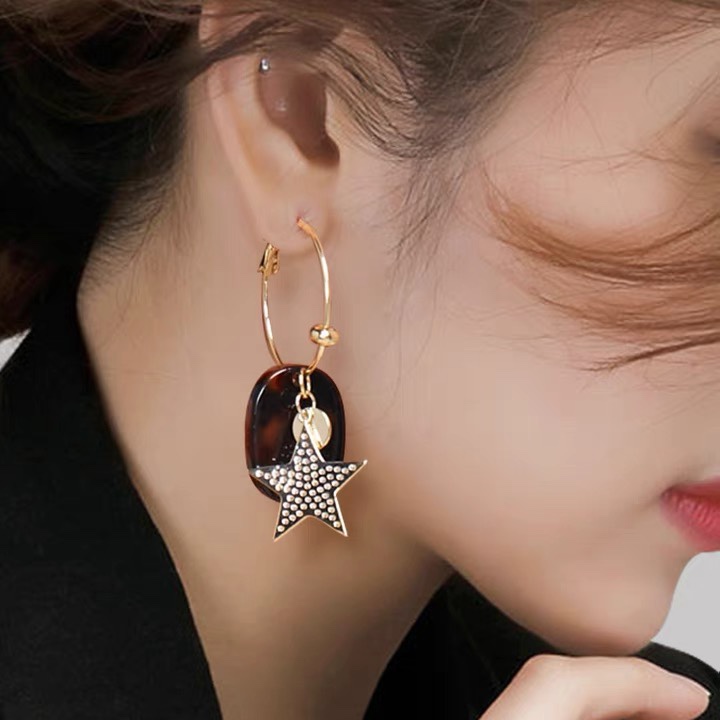 Resin ear buckle fashionable earrings, star shell long earrings, retro exquisite, high-end and elegant zirconium-inlaid earrings -030 Jia Liang Accessories