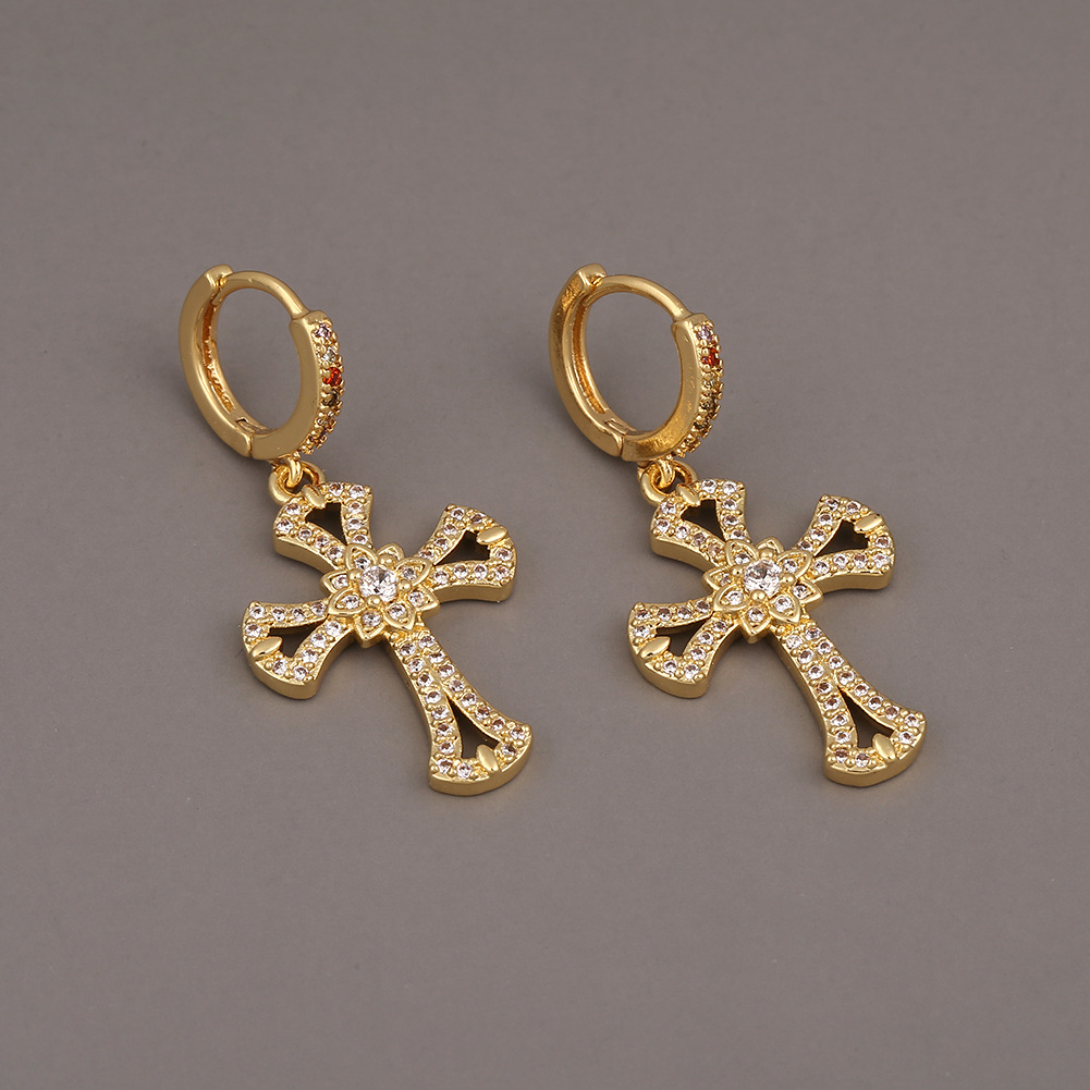 Cross-border explosive earrings INS new diamond-encrusted cross earrings cold wind popular eardrop copper zircon earrings girl