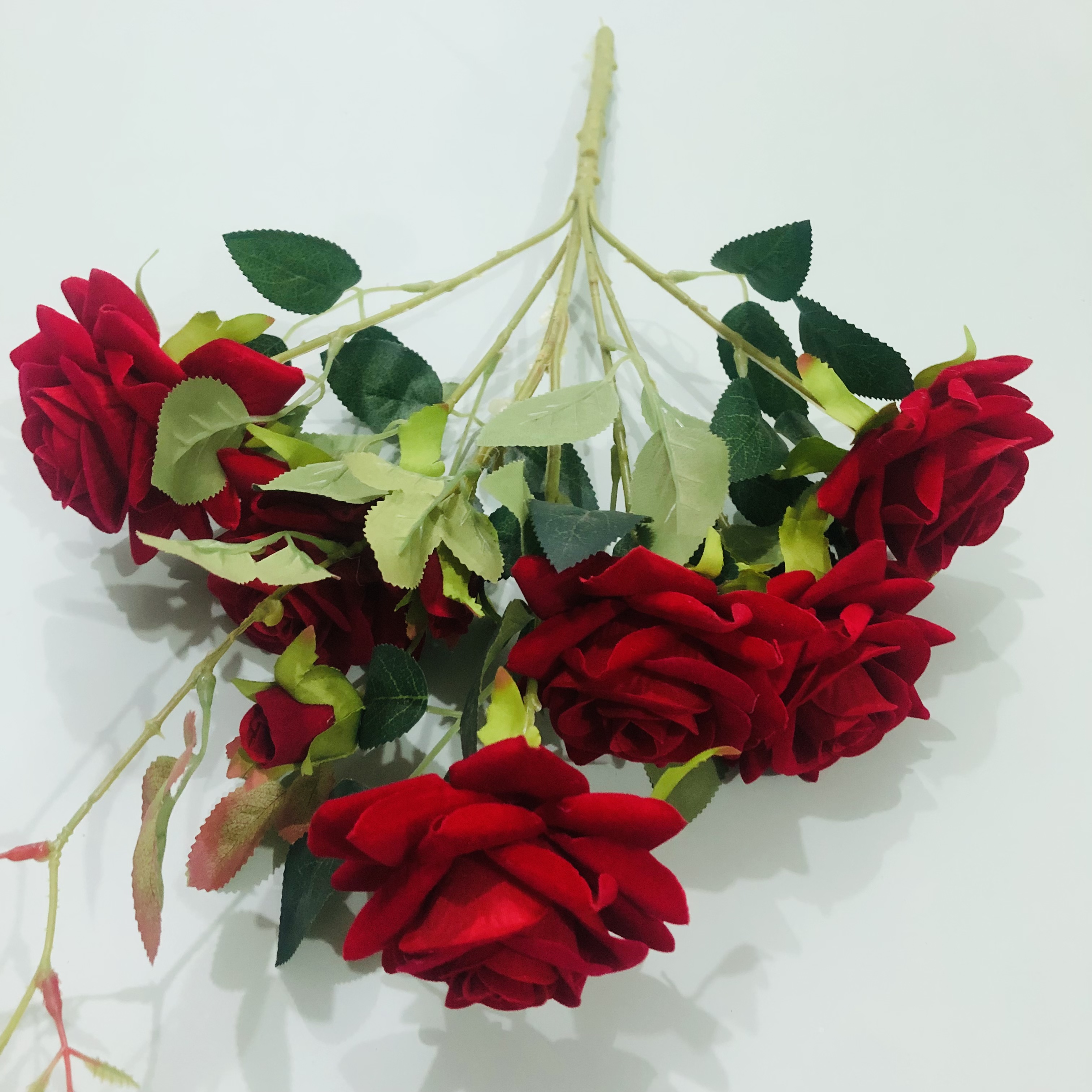 外贸热销款酒店装饰仿真玫瑰花婚庆布艺插花中式婚礼新娘手捧花绒布6头把束宝石玫详情7