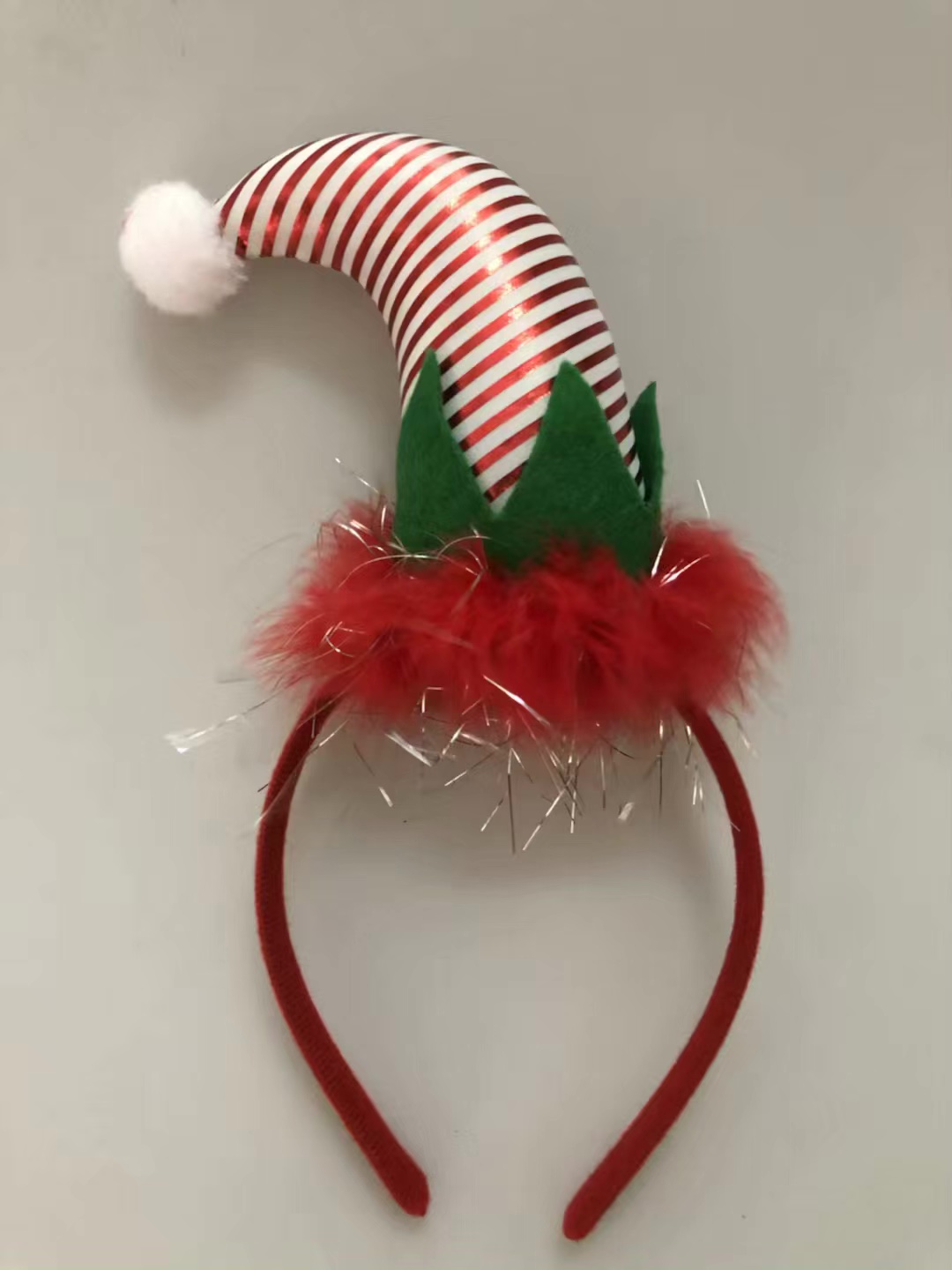 Christmas fair-colored satin red and white striped hat headband Christmas headwear factory direct sales detail image 6