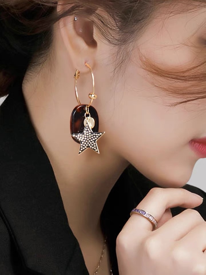 Resin ear buckle fashionable earrings, star shell long earrings, retro exquisite, high-end and elegant zirconium-inlaid earrings -030 Jia Liang Accessories details Picture