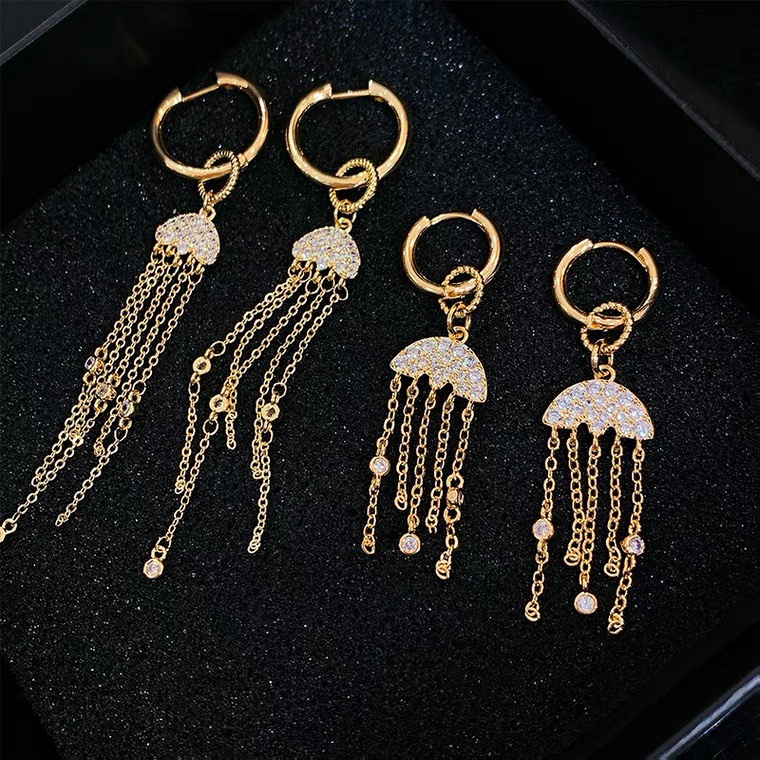 Semi-circular chain earrings with ear buckles, long star shell earrings, retro, exquisite, high-end and elegant zirconium-inlaid earrings -016 Jia Liang Accessories