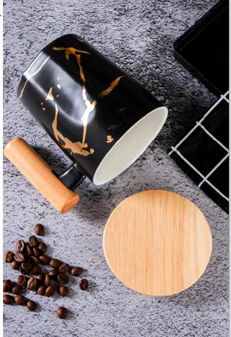 Black and white Nordic-style water cups, coffee cups, couple cups, office, home, leisure bar, wooden LIDS and wooden handles detail image 1