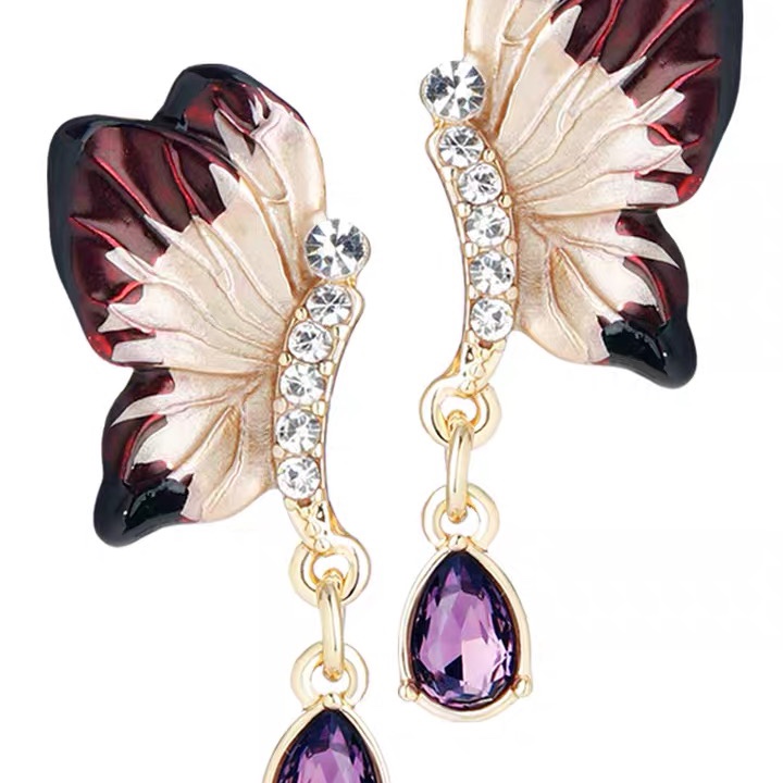 Butterfly water drop earrings, Star shell long earrings, retro, exquisite, high-end and elegant zirconium-inlaid earrings -026 Jia Liang Accessories