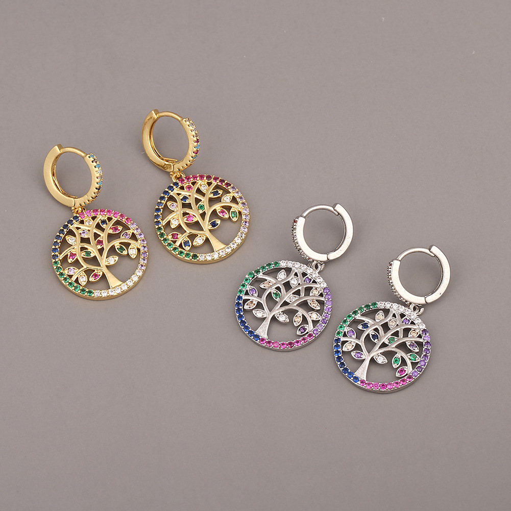 earrings新款跨境爆款耳环微镶彩色锆石生命树耳坠耳扣