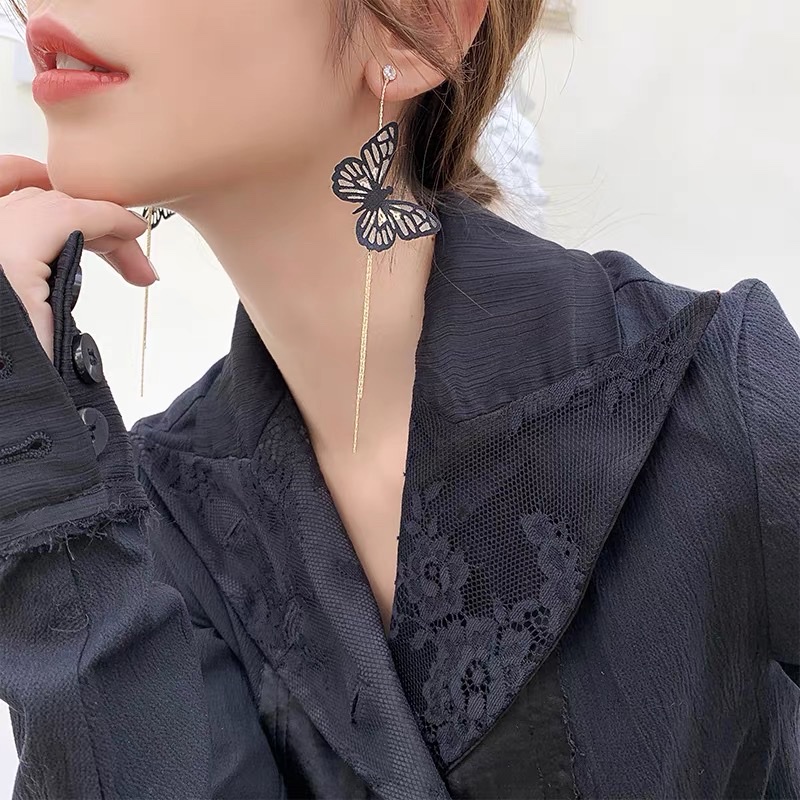 Retro Chinese-style butterfly long tassel earrings, feminine and ethereal earrings and earrings, Jieya steel jewelry detail image 1