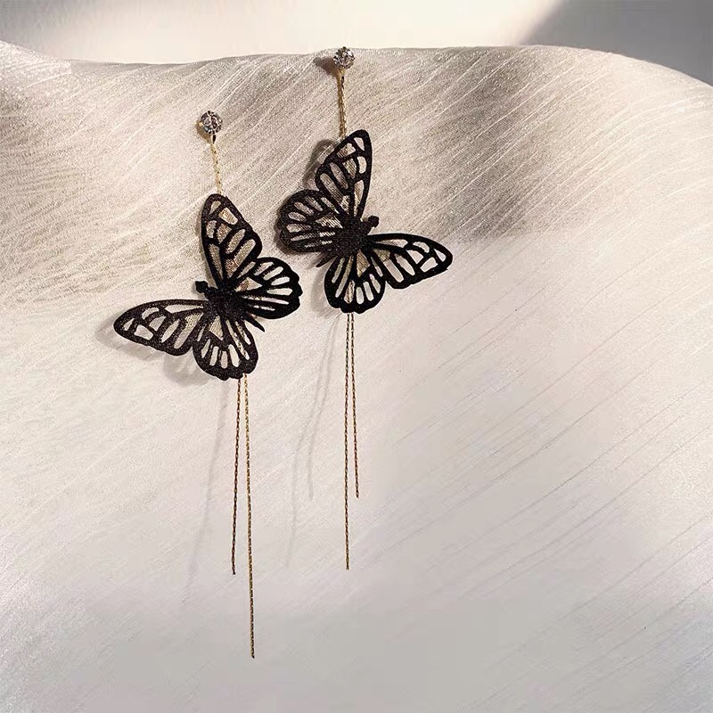 Retro Chinese-style butterfly long tassel earrings, feminine and ethereal earrings and earrings, Jieya steel jewelry