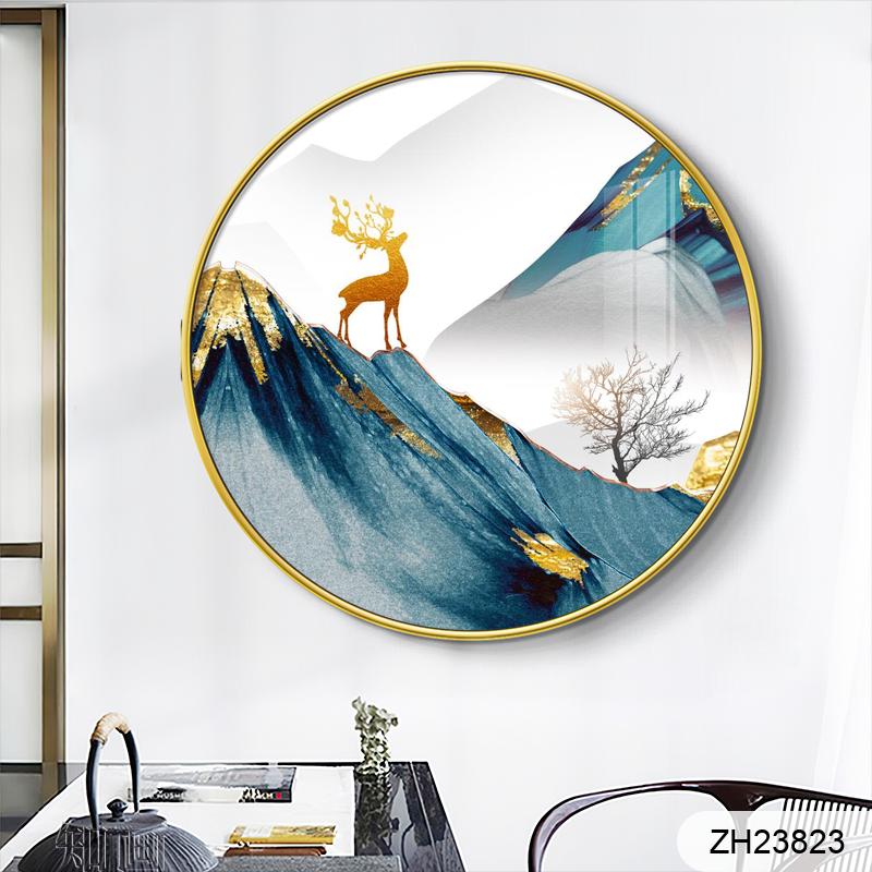 轻奢意境抽象麋鹿水墨山水圆形装饰画晶瓷画