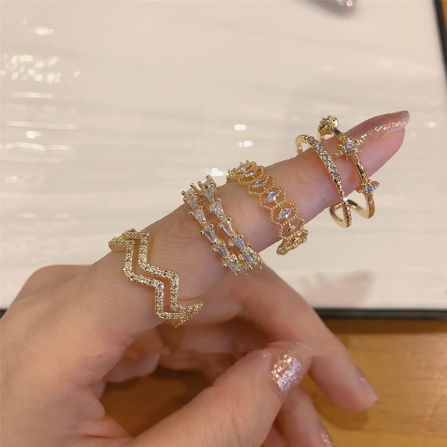 Light luxury micro-inlaid zircon temperament combination ring long star river double layer wear small Qing index finger small diamond ring