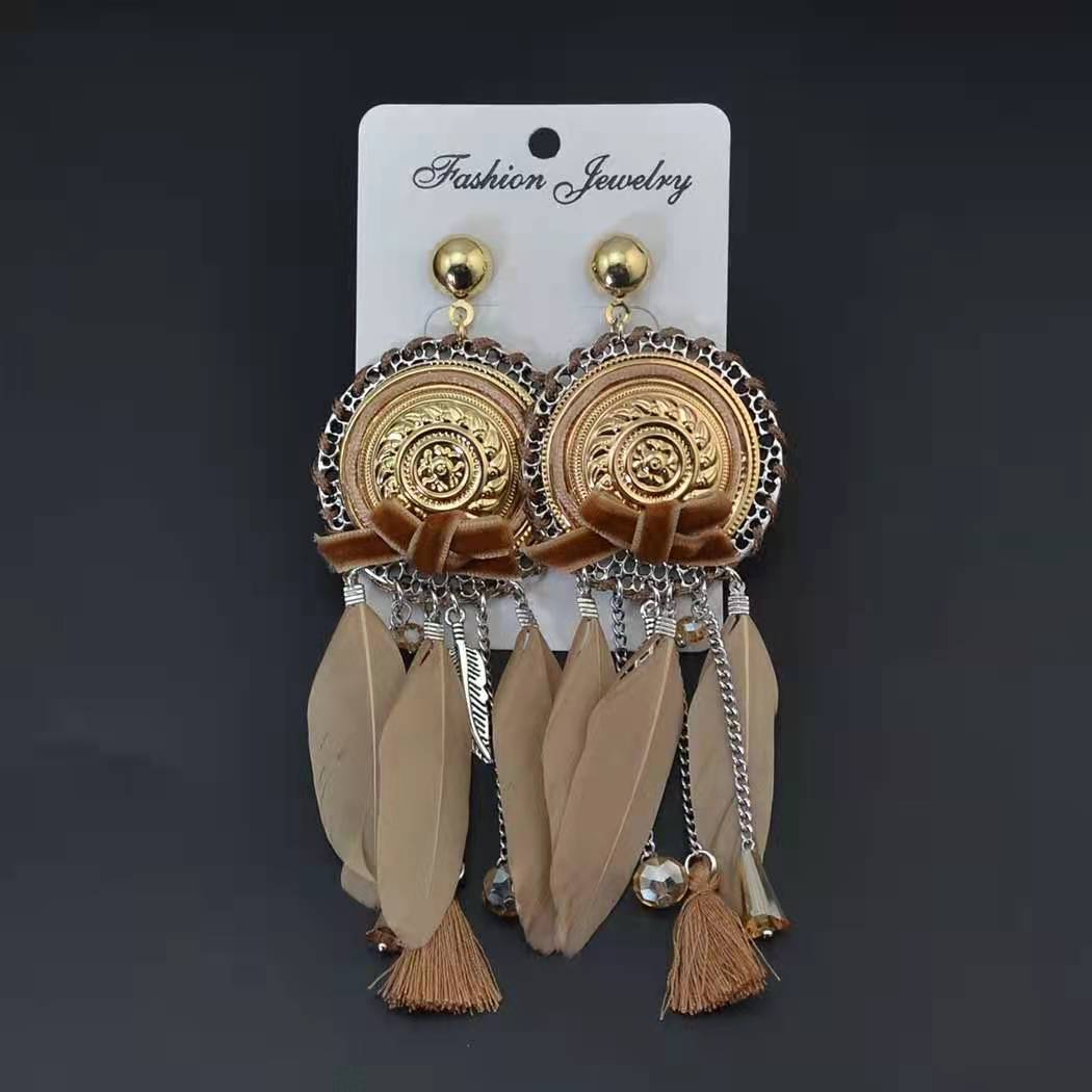 J32 Indian Foreign Trade Vintage earrings Feather fringe earrings Fashion ethnic style long earrings