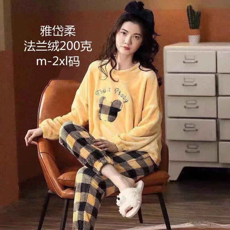 秋冬季珊瑚绒睡衣女加绒冬款卡通学生家居服法兰绒保暖春秋两件套