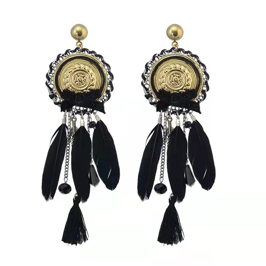 J33 Indian Foreign Trade Vintage earrings Feather fringe earrings Fashion ethnic style long earrings
