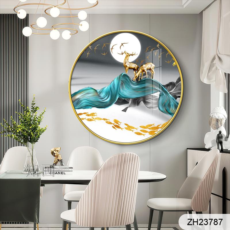 新中式现代轻奢意境抽象麋鹿水墨山水圆形装饰画