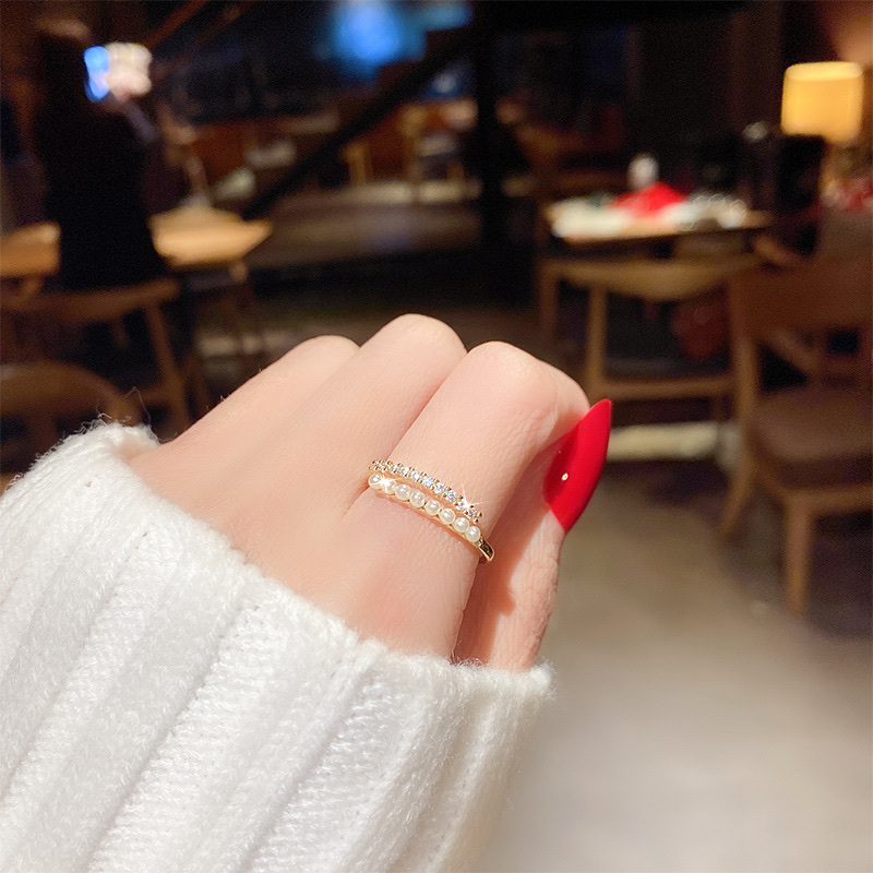 韩版新款轻奢珍珠戒指时尚个性食指指环ins潮网红冷淡风日系素圈产品图